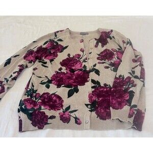 Women's Laura Scott Cardigan Flower Print Beige Pink Green XL